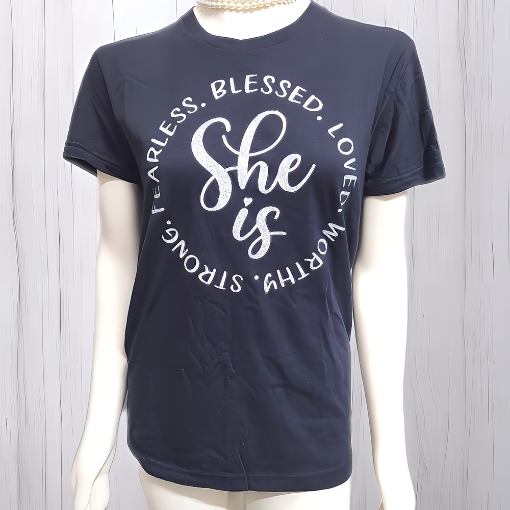 Navy Graphic Tee with Inspirational Words